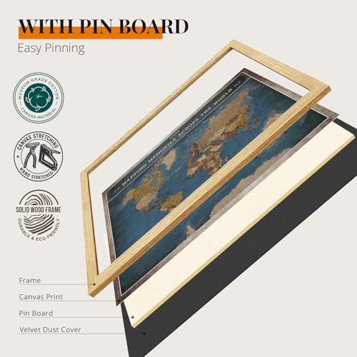 Image of DECORARTS - Personalized World Travel Map with Pins, Custom Name, Pin Board Canvas Wall Art, Modern Navy Blue World Decor, Optional Wood Frame, Giclee Print, Handcrafted in USA, 20x16''
