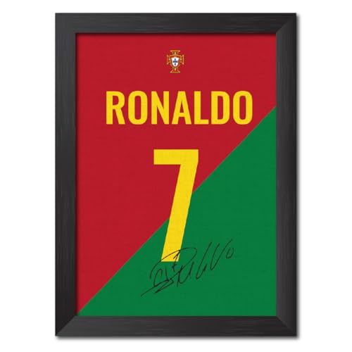 Image of TenorArts Cristiano Ronaldo Poster Frame Portugal Jersey Laminated Photo Print Signature Framed Painting with Matt Finish Black Texture (12 inches x 9inches)