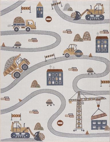 Image of Hauteloom Ramsay Kids Room, Nursery, Playroom Machine Washable Area Rug - Road, Construction Vehicles - Cream, Light Gray - 6'7" x 9'