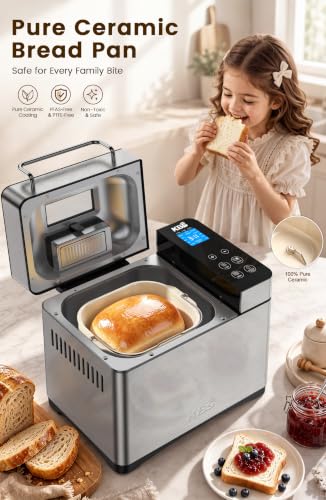 Image of KBS Pro 710W 2.2LB Bread Maker, Stainless Steel 17-in-1 Smart Bread Machine with Healthy Ceramic Pan, Automatic Nut Dispenser, Tempered Glass Touch Panel, 3 Crust Colors, 15H Timer &Keep-Warm, Recipes