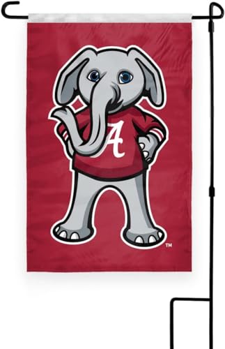 Alabama University Crimson Tide Cartoon AL Mascot Garden Flags - 12x18 inch Printed Polyester with 12 Nylon Pole Sleeve - NCAA Licensed Alabama Big Al Mascot Garden Flag