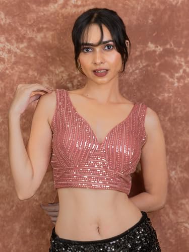 Image of FIGURE'S DESIGNER Women's Sequin Embroidered SabyaSachi Cut Sweetheart V Neck Sleeveless Readymade Saree Blouse E30