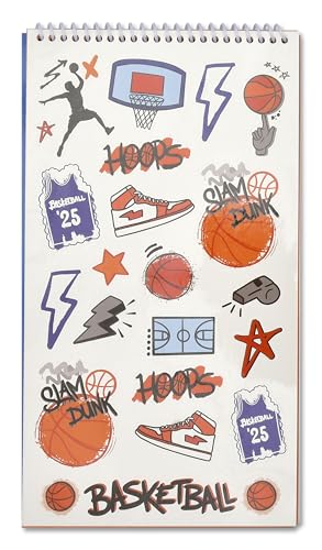 Image of iscream + Corey Paige Designs Fold and Send Boys Stationery - Basketball | 40 Pack, Fun Print, Spiral Bound, Large 10.5 inch x 5.75 inch Cards, Coordinating Sticker Sheets, Fold and Send, Summer Camp Ready