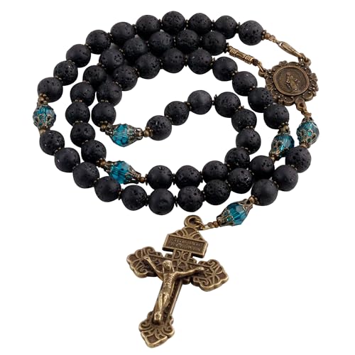HanlinCC 8mm Lava Stone Beads Catholic Rosary Necklace with Virgin Mary Medal and Pardon Crucifix