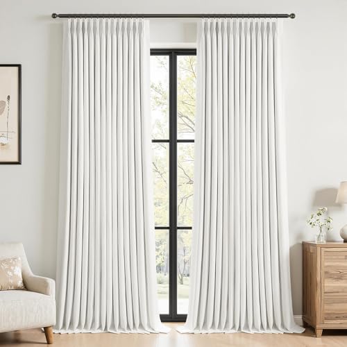 Topfinel 100% Blackout Pinch Pleated Curtains 96 Inches Long for Bedroom,High Temperature Memory Trained Thick Linen Drapes for Sliding Glass Door 2 Panels Set, Alabaster White 40" W*96" L B