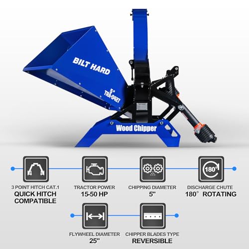 Image of BILT HARD 5 Inch 3 Point PTO Powered Wood Chipper for 15-50 HP Tractors, Leaf Branch Shredder Mulcher, Category 1 Hitch and Quick Hitch Compatible, 25 inch Rotor with Reversible Blades