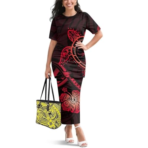 Image of Puletasi Samoan Traditional 2 Piece Outfits for Women Short Sleeve Crop Top and Maxi Skirt Sets Puletasi Dress