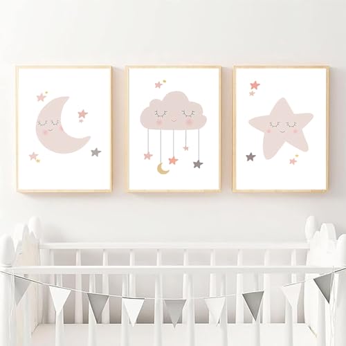 Image of ZYRQART Nordic Moon Star Cloud Wall Art Poster Pink Girls Art Print poster Baby Nursery Canvas wall art Modern Pictures Kids Room Decor No Frame(16X24 Inch Unframed)