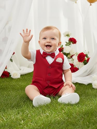 Image of Boarnseorl Baby Boys Shorts Sets, Infant Shirt+Shorts+Bow Tie+Vest,Toddler Gentleman Outfits Suits