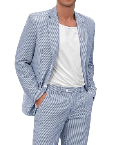 EMERAIDVLN Seersucker Suit Mens 2 Piece Regular Fit Beach Wedding Casual Prom Summer Wear Striped Blazer and Pants