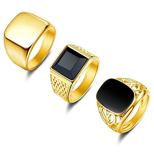 KALVICA 3 Stücke Herren Ringe Goldfarbener Edelstahl Wide Quadratischer...