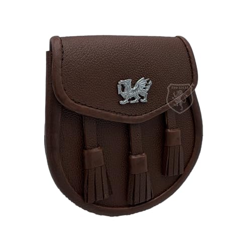 Image of Scottish Original Leather Sporran with Leather Belt & Chain (Brown Leather Celtic Welsh Dragon Sporran)