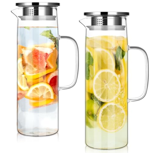 2 Pack Glass Pitcher with Lid 1.5L Large Capacity Water Pitcher Glass Carafe Water Jugs for Cold Water Iced Tea Sangria Cold Brew Coffee
