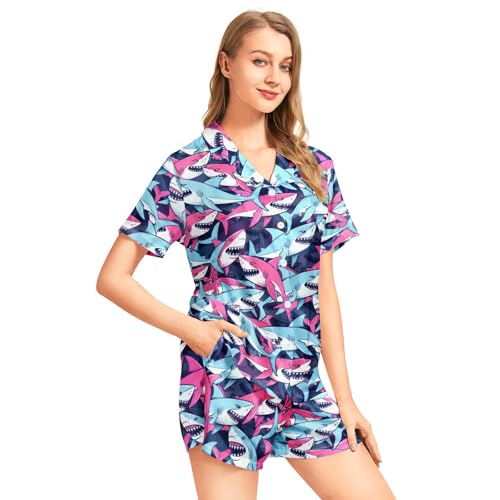 Image of Funny Pajamas for Women Set Print Satin Loungewear Pjs Short Sleeve Button Down Top and Shorts Sets Sleepwear XS-3XL