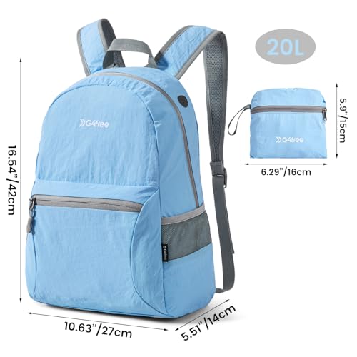 Image of G4Free 20L Small Packable Travel Hiking Backpack for Men Women | Lightweight Foldable Waterproof Daypack for Outdoor, Light Blue