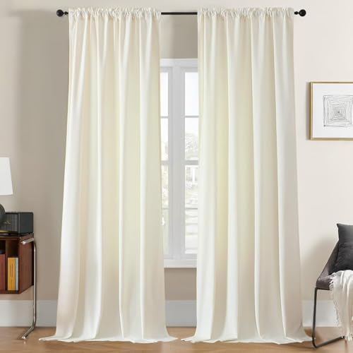 Joydeco Lot de 2 Rideaux Velours Blanc Ivoire 140x260 cm, Rideau Doux Semi-Occultant Isolant Thermique avec Galon Fronceur à Passe Tringle, Lourds Épais...