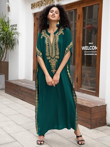 Image of KECVOT Kaftan Dresses for Women Embroidered Short Sleeve V-Neck Plus Size Caftan Bikini Swimsuit Cover-Up Long Beach Dress