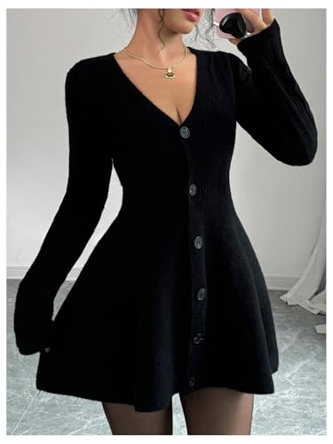 SOLY HUX Women's Sweater Dress Button Down V Neck Long Sleeve Knit A Line Mini Dresses3