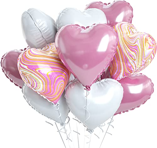 Image of Pink White Agate Heart Shape Balloons - 10PCS Pink & White Foil Heart Balloons for Valentine's Day Decorations - 18inch