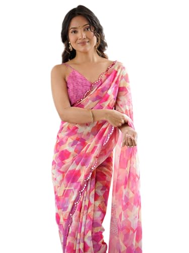 Image of Satrani Women's Georgette Printed & Mirror Work Saree with Unstitched Blouse Piece