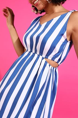 Image of POPWINGS Women Casual Blue & White Stripe Cutout Dress Dress | Stylish Dress | Trendy Dress