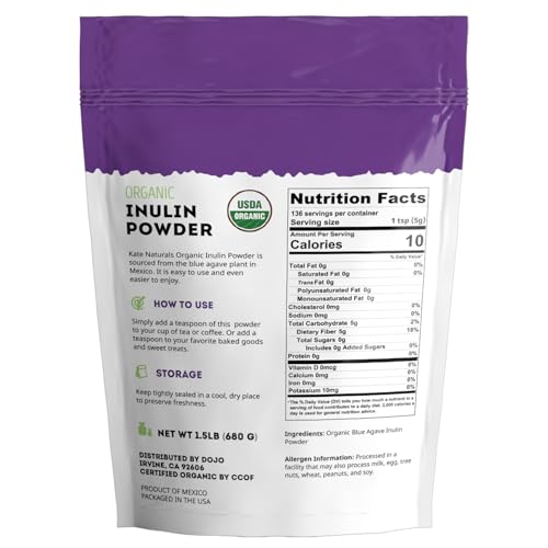 Image of Kate Naturals Inulin Powder Organic from Blue Agave (1.5lb) Soluble Prebiotic Fiber for Coffee, Yogurt & Smoothies