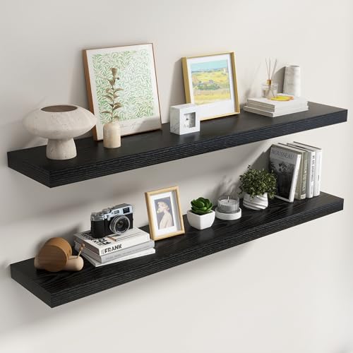 Image of Dreamland 55 Inch Black Floating Shelves for Wall,8 Inch Deep Floating Shelves,55 inch W x 8 inch D Wall Shelves for Bedroom,Living Room, Kitchen,Bathroom,Set of 2