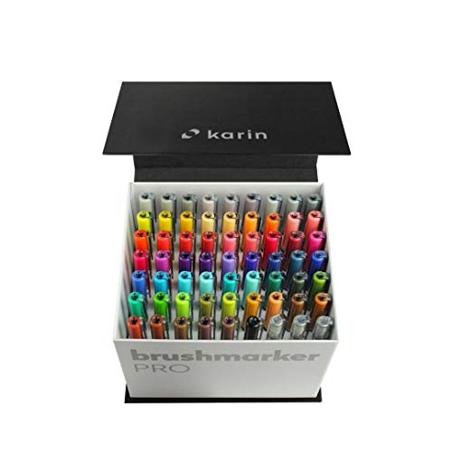 Image of Karin Brushmarker Pro - Water-Based - Brush Tip - Mega Box Set Of 60 Colours + 3 Blender, Multicolor