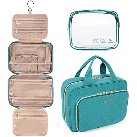 BAGSMART Toiletry Bag Hanging Travel Makeup Organizer with TSA Approved Transparent Cosmetic Bag Makeup Bag for Full Sized Toiletries, Large-Teal Cover
