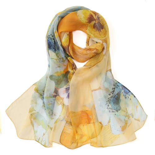 JWSilk Long Silk Chiffon Scarf Floral Print