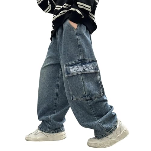 Boys Baggy Cargo Jeans Wide Leg Streetwear 𝗛ip Hop Denim Pants Loose Straight Leg Trousers with Multi-Pocket