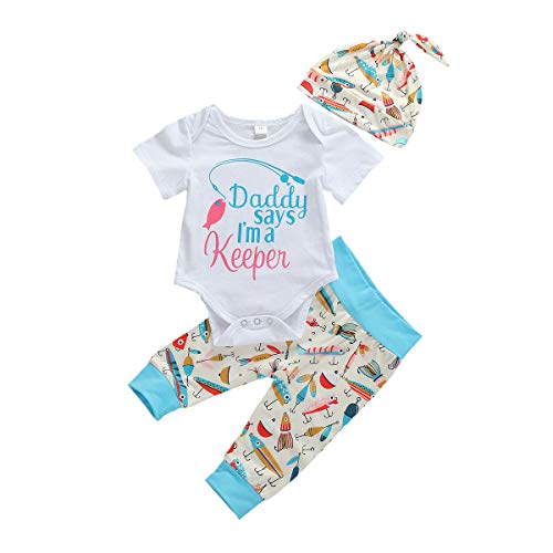 Image of Muasaaluxi Newborn Infant Baby Girls Boys Daddy's Fishing Buddy Romper Bodysuit Fish Pants Hat 3Pcs Summer Outfit (3-6M, Blue)