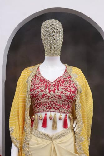 Image of Women Indo Western Dhoti Set with Blouse and Shrug Sequins Embroidery Bandhani Print Ethnic Wear