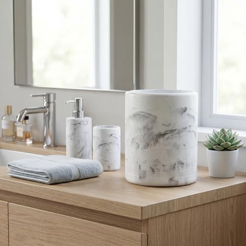 Image of Marsui Resin Wastebasket, Round Marble Compact Trash Can Mini, 2 Gallons Garbage Bin Gravel Wastepaper Basket for Bathroom, Powder Room, Kitchen, Home Office, 7.9 x 9.8 Inch(Marble)
