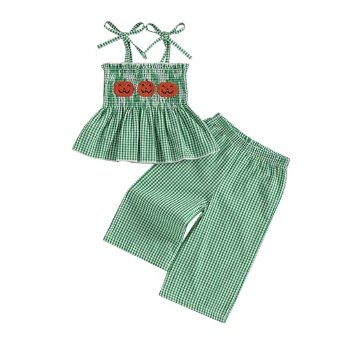 Kayotuas Halloween Toddler Girl Outfits Pumpkin Smocked Spaghetti Strap Tank Top Dress Gingham Plaid Pants Halloween Clothes (Pumpkin Green 3-4T)