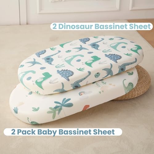 Image of SDIII Dinosaur Bassinet Sheet 2 Pack for Boy Girl, Soft Stretchy Microfiber Jersey Knit, Universal Fit for Rectangle Round Oval Hourglass Mattress