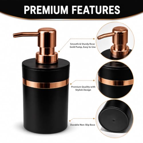 Image of Luxe Home International Rosegold & Black Plastic Soap Dispenser for Bathroom and Kitchen Sink Leak Proof Liquid Hand Wash Round Bottle Lightweight Smooth Finish (16x8 cm Rosegold & Black) Pack of 1