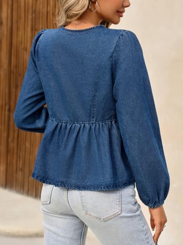 Tankaneo Womens Denim Tie Front Tops Babydoll Peplum Cute Blouse Puff Long Sleeve Going Out Jean Shirts3