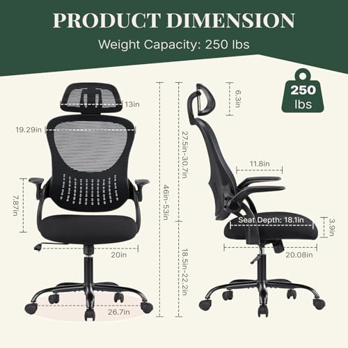 Image of Ergonomic Office Chair, Comfy Desk Chair with Wheels, Adjustable Headrests, Flip-Up Armrests, Breathable Mesh High-Back, Comfortable Swivel Seating for Home Computer, Black