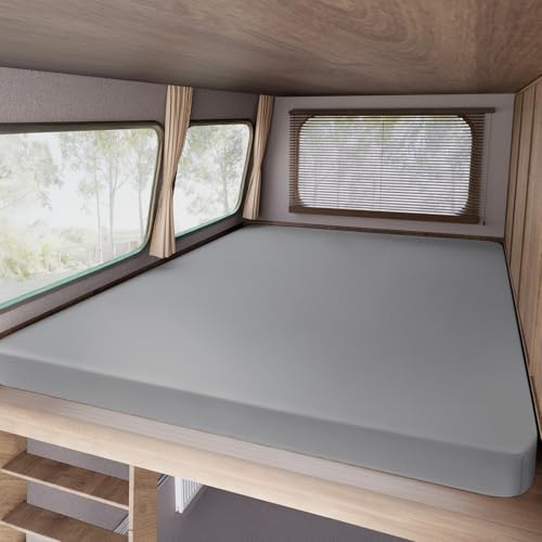 Image of Short Queen Fitted Sheet Only for RV Camper 60 inch X 75 inch up to 14 inch Deep Pocket, Bed Mattress Sheets Stretchable Breathable Jersey Knit Cover, Gray