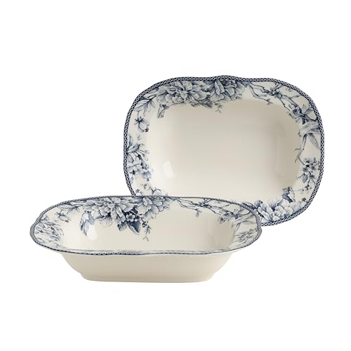 222 Fifth Adelaide Blue Oval Serving Bowls (Set of 2) 28 oz Porcelain Large Serving Bowl Ceramic White Bowls for Pasta Salad Dinner & Entertaining Luxury Floral Gifts Microwave & Dishwasher Safe