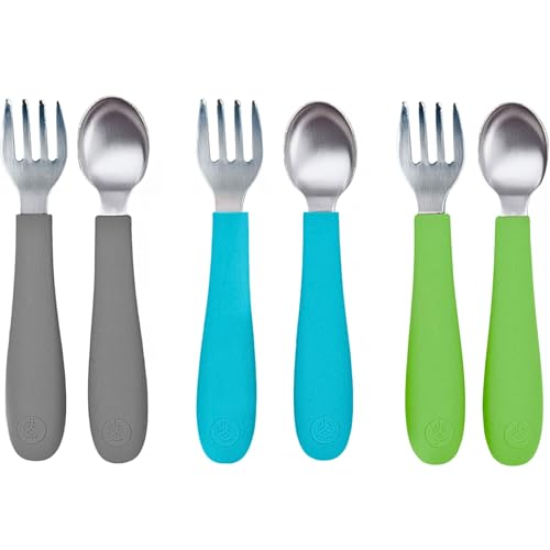 Image of WeeSprout Toddler Utensils, 3 Forks & 3 Spoons, 18/8 Stainless Steel & Food Grade Silicone, Thick Easy-Grip Handles, Perfect Length For New Self Feeders, Gentle On Gums & Teeth, Dishwasher Safe