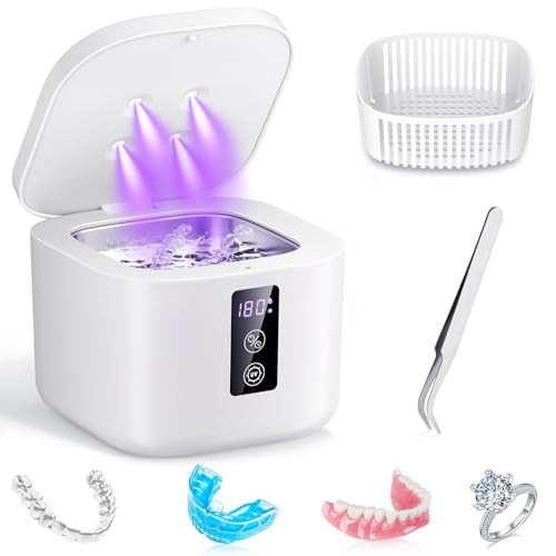Ultrasonic Retainer Cleaner,375 ML Ultrasonic Cleaner,48kHz Retainer Cleaner Machine with 3 Modes Digital Timer for Denture Cleaner, Aligner,Braces,Toothbrush Heads,Jewelry White