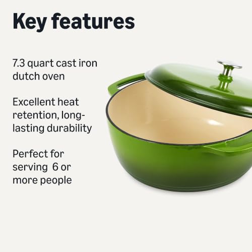 Image of Amazon Basics Enameled Cast Iron Dutch Oven Pot with Lid, Round, Dual Handles, Heavy-Duty, Oven Safe for Stews, Roasting, Baking, 7.3-Quart, Green