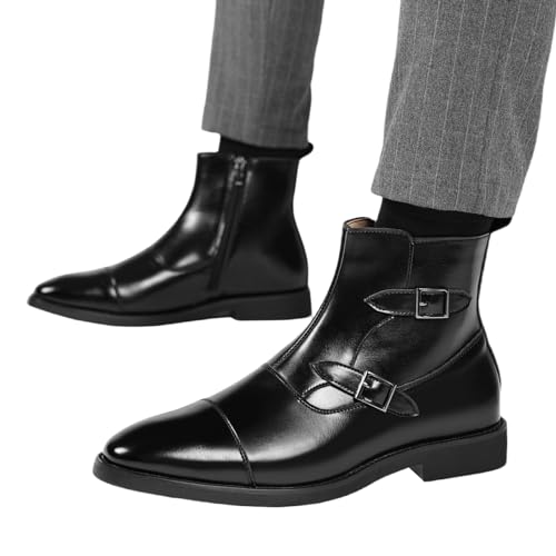 SYNTHESIS Men's Cap Toe Brogues Chelsea Boots with Side Zipper,High or Mid Top Slip On Black Ankle Boot for Men2