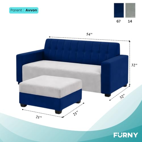 Image of FURNY Luxora 2 Seater Fabric Sofa Set with 1 Ottoman (Dark Blue-Light Grey) with Velvet Finish | Durable Comfort | Ideal for Living Room. | Breathable material