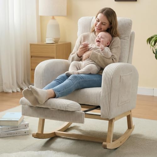 Image of NIOIIKIT Nursery Rocking Chair, Corduroy Upholstered Rocking Chair with Adjustable Footrest, Tufted Rocker Chair with Side Pocket, Glider Rocker for Living Room, Bedroom (Cream Retro)