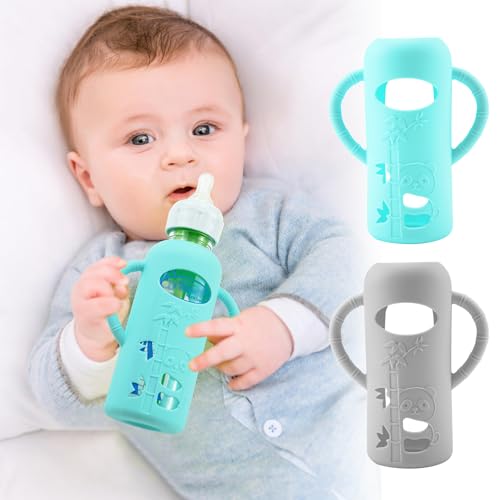 Image of 2 Pack Silicone Sleeves for Dr. Brown's Glass Baby Bottles, Anti Breakage Durable Baby Bottle Holder with Easy Grip Handles, Narrow Sleeve with a Cutout, Dishwasher/Freezer/Microwave Safe, 8 oz
