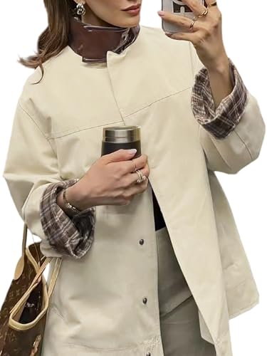 Womens Casual Button Down Jacket Stand Collar Work Office Trench Coat Outwear with Checkered Lining