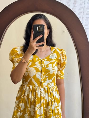 Image of Women's Rayon Floral Printed Midi Dress | Casual Fit & Flare One Piece Dress for Women | Stylish Short Sleeve Western Dress